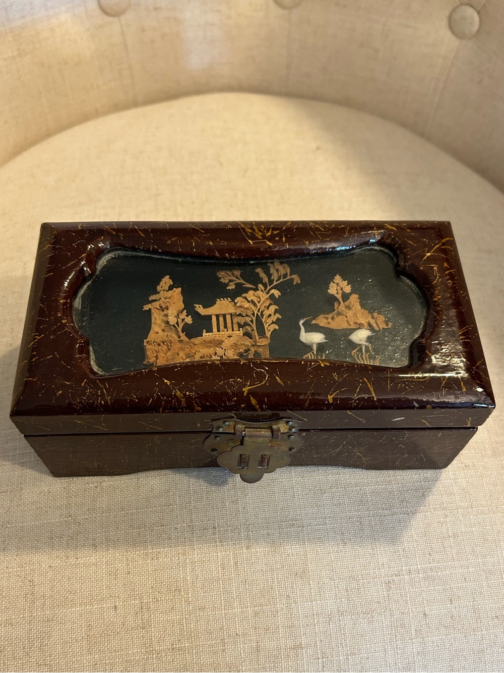 Mid Century Asian Jewelry Box, Pagoda Diorama Cork Art